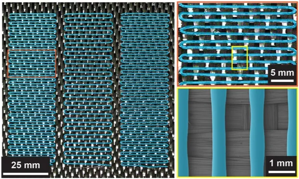 The image shows 3D printed thermoplastic on woven-carbon fiber reinforcement. The structure is a new, self-healing composite that allows structures to repair themselves in place, without having to be removed from service. This technology resolves two longstanding challenges for self-healing materials, and can significantly extend the lifespan of structural components such as wind-turbine blades and aircraft wings. (Credit: Jason Patrick, NC State University)
