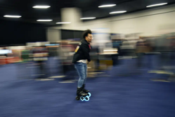 Mohamed Soliman of Atmos Gear shows off the Atmos Gear inline electric skates during CES Unveiled before the start of the CES tech show, Tuesday, Jan. 3, 2023, in Las Vegas. (AP Photo/John Locher)