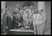 1982: President Ronald Reagan, surrounded by Rep. John LaFalce, D-N.Y., and Sen. Warren Rudman, R-N.H., after signing the Small Business Innovation Development Act into law in the Rose Garden. - BETTMANN ARCHIVE