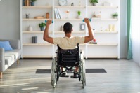 Back view of impaired black guy in wheelchair exer 2021 09 03 00 13 09 utc