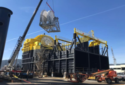 This massive OE35 wave energy generator was built in an Oregon shipyard and towed out to Hawaii for testingOceanEnergy