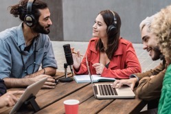 Group of people record radio podcast together yo 2022 01 18 23 59 20 utc
