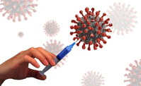 Vaccine injection into a covid-19 molecule.