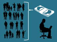 Crowdfunding.. people funneling money to a person in a chair with computer.