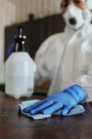 Person disinfecting countertop