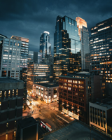 Office buildings at night.  From Pexels